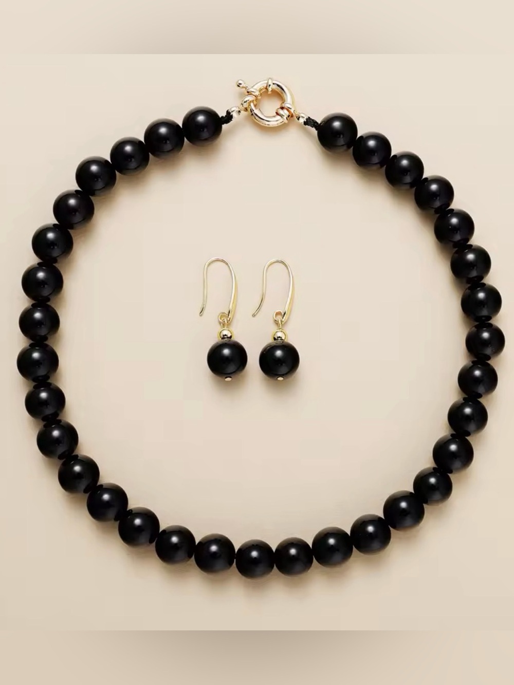 Classic Black Onyx Bead Necklace and Earring Set - Gold Accents